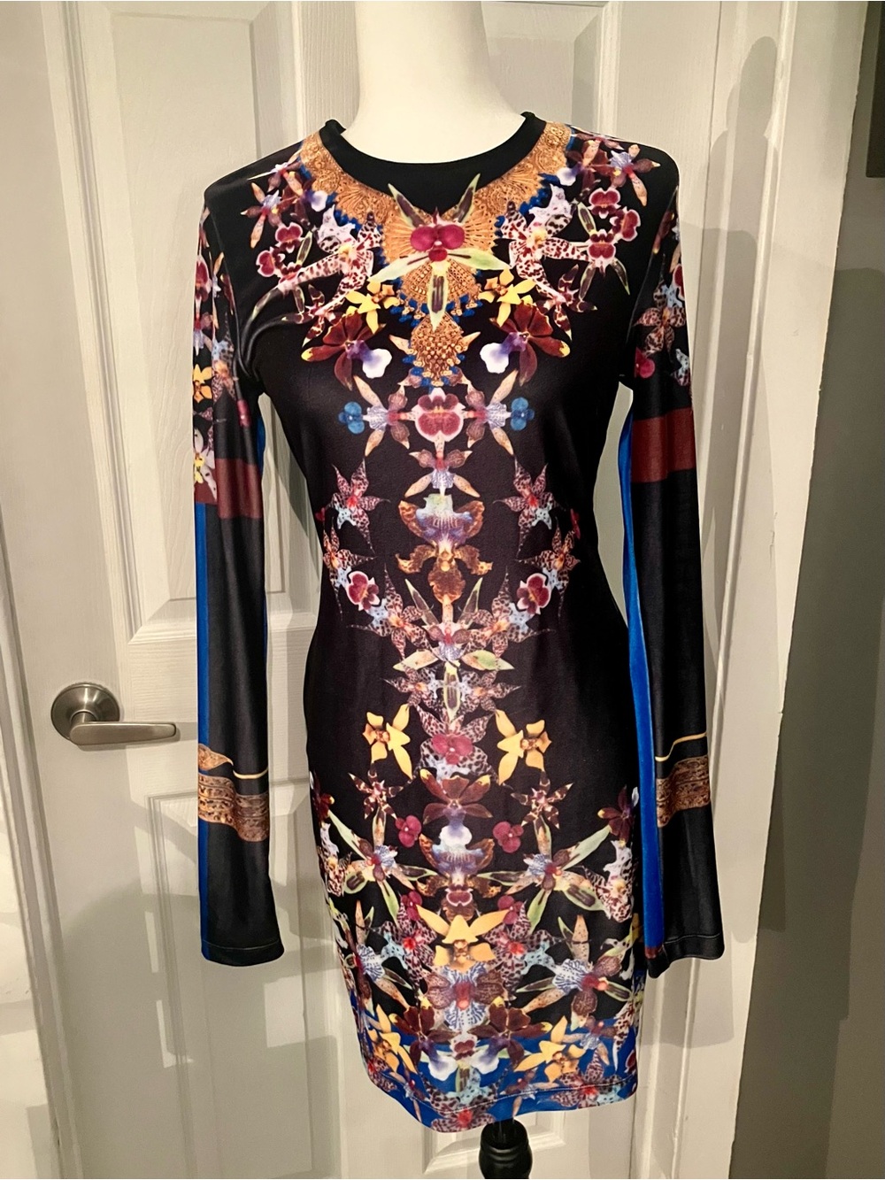 Clover Canyon Black Floral Long-Sleeve Bodycon Stretch Velvet Dress